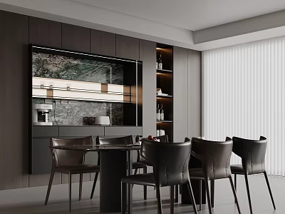 Modern Dining Room With Round Table Dark Chairs Decorative Wall And White Blinds 3d model