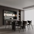 Modern Dining Room With Round Table Dark Chairs Decorative Wall And White Blinds