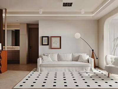 Elegant Modern Living Dining Room Interior With White Sofa Checkered Rug Paintings And Floor Lamp 3d model
