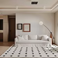 Elegant Modern Living Dining Room Interior With White Sofa Checkered Rug Paintings And Floor Lamp
