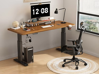 Adjustable Desk Setup With Computer Monitor Lamp Stationery Office Chair Round Rug And Window View 3d model