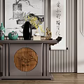 Chinese Style Console Table Decor With Calligraphy Scrolls And Ceramic Vases 3d model