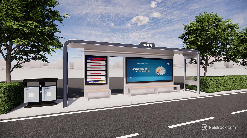 Modern Bus Stop Exterior Design With Transparent Roof Bench Information Display And Trees 3d model 