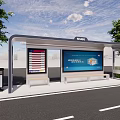 Modern Bus Stop Exterior Design With Transparent Roof Bench Information Display And Trees