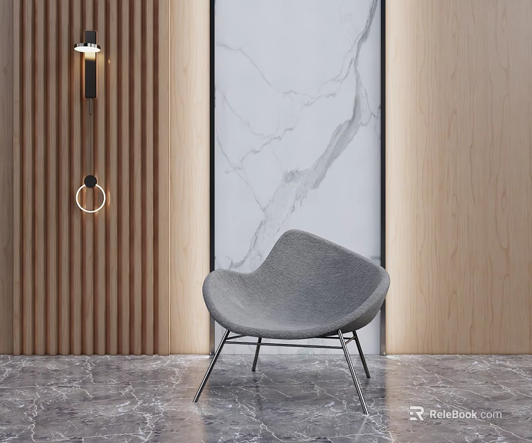 Gray Leisure Chair In Modern Interior With Wooden Wall And Marble Accent 3d model 