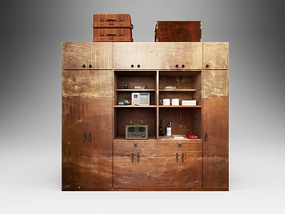 Vintage Wooden Sideboard With Multiple Doors Open Shelves And Two Crates On Top 3d model