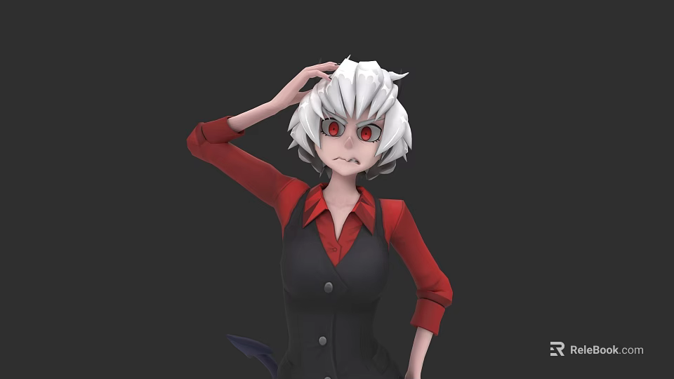 Anime Game Character With White Hair Red Eyes Red Shirt Black Vest Hand On Head 3d model 