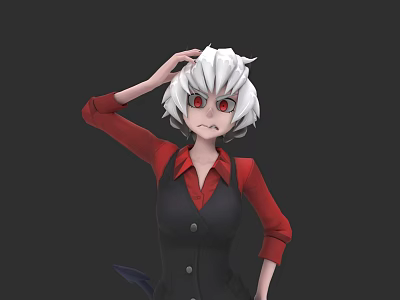 Anime Game Character With White Hair Red Eyes Red Shirt Black Vest Hand On Head 3d model