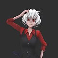 Anime Game Character With White Hair Red Eyes Red Shirt Black Vest Hand On Head