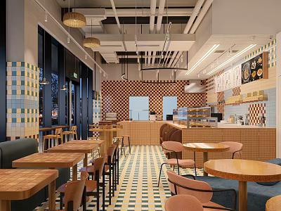 Dessert Shop Interior With Colorful Tiled Walls Round Wooden Tables Hanging Lights Cozy Seating 3d model