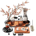 Natural Modern Decorative Ornament Set With Glass Carafe Cups Tray Berry Branch And Vase