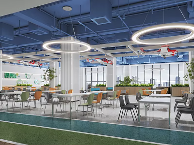 Modern Restaurant Interior With Blue Ceiling Circular Pendant Lights Tables Chairs Green Plants And Windows 3d model