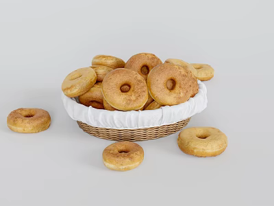 Fresh Golden Donuts in Wicker Basket with Some Scattered Around Them 3d model