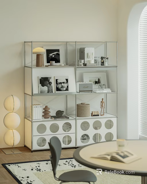 Modern Display Cabinet Featuring Glass Shelves White Panels And Decorative Items Like Photos Lamp Books 3d model 