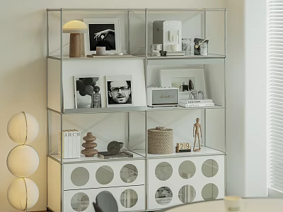 Modern Display Cabinet Featuring Glass Shelves White Panels And Decorative Items Like Photos Lamp Books 3d model