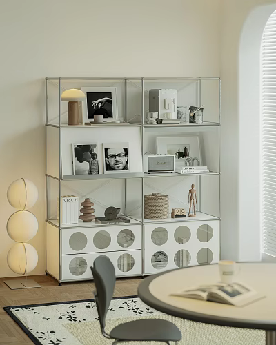 Modern Display Cabinet Featuring Glass Shelves White Panels And Decorative Items Like Photos Lamp Books 3d model