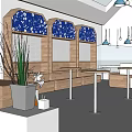 Modern Interior Design With Blue Floral Walls Wooden Structures White Counter Hanging Lamps Green Plants