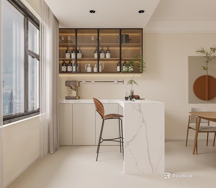 Modern Kitchen Interior With White Marble Counter Cabinets Bar Stools And Plants 3d model