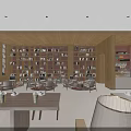 Modern Open Café Interior Featuring Glass Doors Night View Lighting Bookshelves Tables And Chairs