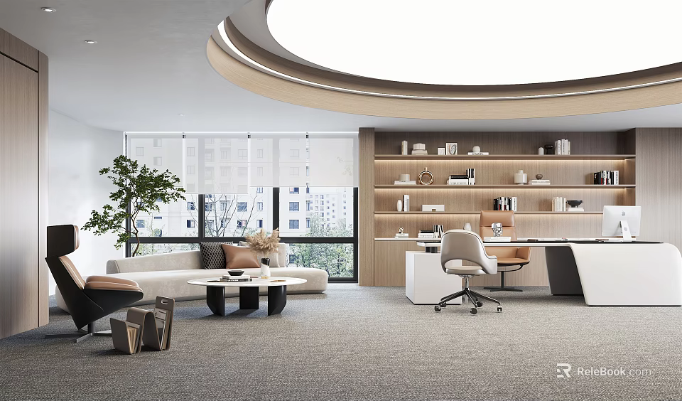 Modern Office Interior Design With Desk Chair Sofa Bookshelf And Natural Light 3d model 