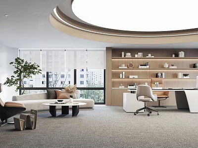 Modern Office Interior Design With Desk Chair Sofa Bookshelf And Natural Light 3d model