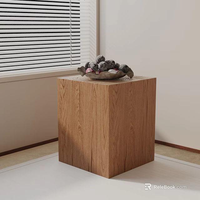 Wooden Square Side Table with Decorative Bowl and Stones by Window Blinds 3d model 