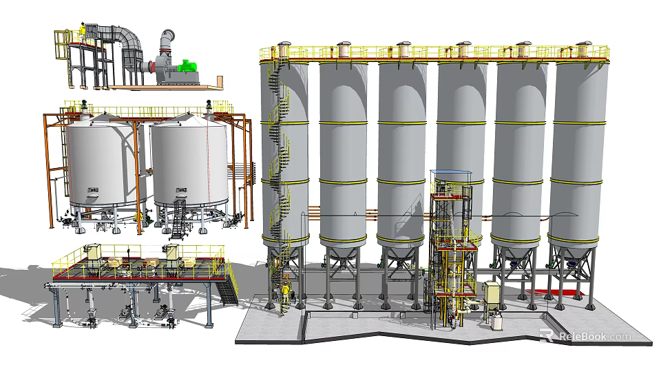 Industrial Processing Equipment With Large Storage Tanks Platforms And Piping Systems 3d model 