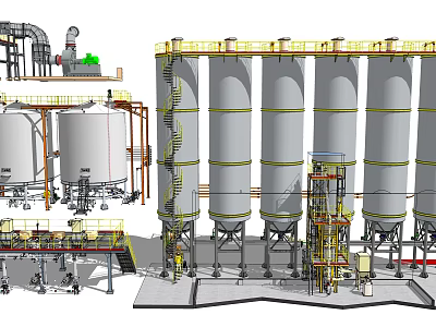 Industrial Processing Equipment With Large Storage Tanks Platforms And Piping Systems 3d model