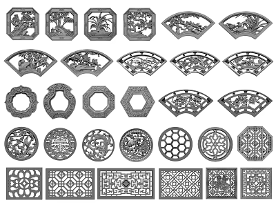 Traditional Chinese Lattice Windows with Various Geometric Shapes and Intricate Carved Patterns 3d model
