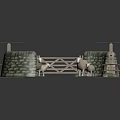 Enclosed Area With Stone Walls Wooden Gate And Grazing Sheep On Green Grass