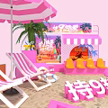 Vibrant Photo Check In Spot with Pink Sand Striped Umbrella Deck Chairs and Palm Tree
