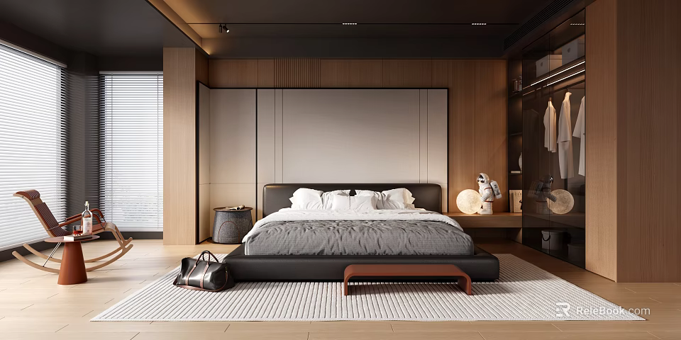 Modern Bedroom Interior With Large Bed Wooden White Headboard Wall Open Wardrobe And Area Rug 3d model 