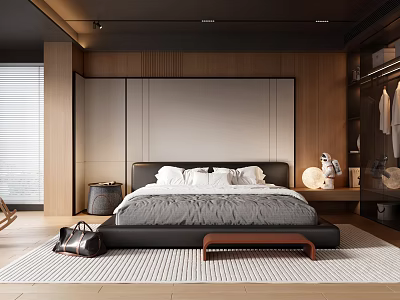 Modern Bedroom Interior With Large Bed Wooden White Headboard Wall Open Wardrobe And Area Rug 3d model