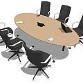Oval Light Wood Conference Table with Black Office Chairs and Desktop Items