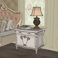 Elegant White Gold Nightstand With Ornate Lamp Books And Floral Wallpaper
