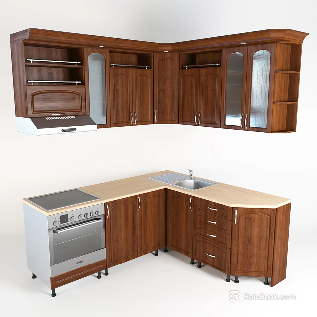 Wooden Kitchen Cabinets With L Shaped Countertop Sink Stove And Open Shelves 3d model 