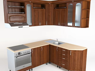Wooden Kitchen Cabinets With L Shaped Countertop Sink Stove And Open Shelves 3d model
