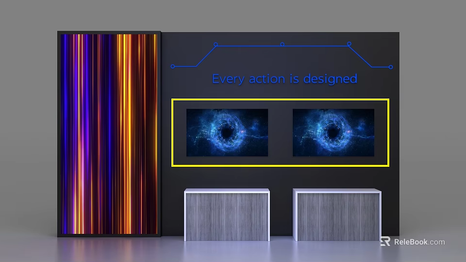 Modern Gray Display Shelves With Blue Light Ring Screens And Colorful Striped Background 3d model 