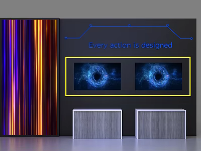 Modern Gray Display Shelves With Blue Light Ring Screens And Colorful Striped Background 3d model