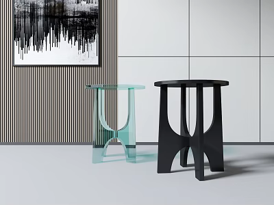 Modern Transparent Glass And Black Stools In Interior With Abstract Painting 3d model