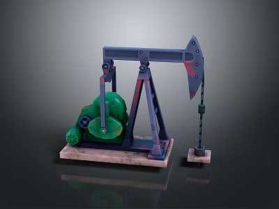 Industrial Oil Pump Jack Equipment With Steel Frame Green Motor And Concrete Base 3d model
