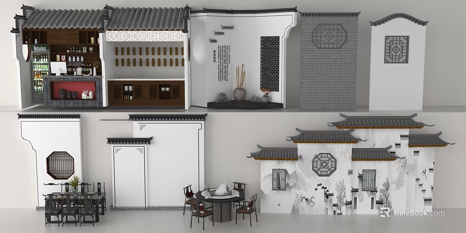 Traditional Chinese Building Exterior Wall with Tile Roof Carved Patterns and Decorative Brick Design 3d model 