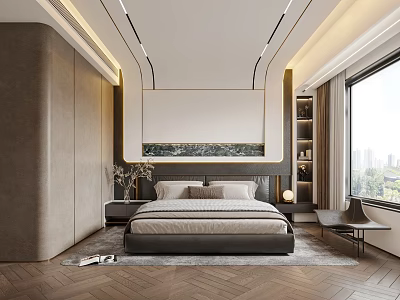 Modern Bedroom Interior Design With Gray Bed Large Window And Herringbone Wooden Flooring 3d model