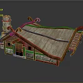 Cartoon Cottage Scene With Stone Walls Thatch Roof Wooden Beams And Green Decorations