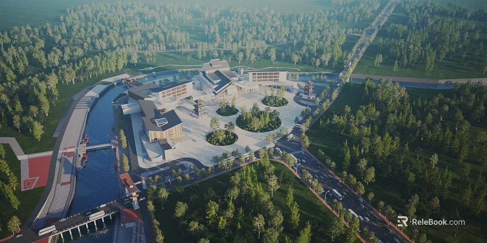 Aerial Planning of Modern Architectural Layout with Green Spaces Water Body and Road Networks 3d model 
