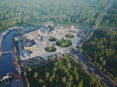 Aerial Planning of Modern Architectural Layout with Green Spaces Water Body and Road Networks 3d model
