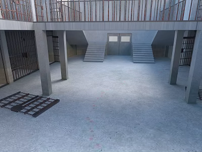 Cartoon Scene of Two Story Structure with Iron Railings Staircases Concrete Floor and Iron Doors 3d model