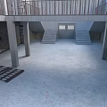 Cartoon Scene of Two Story Structure with Iron Railings Staircases Concrete Floor and Iron Doors