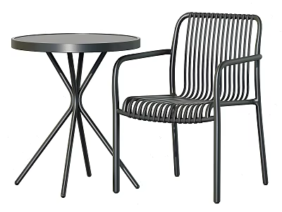 Modern Black Metal Table and Chair Set with Round Top and Wire Armchair Design 3d model
