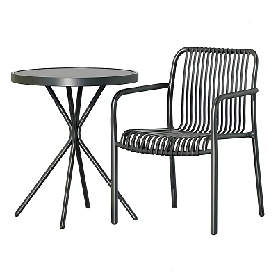 Modern Black Metal Table and Chair Set with Round Top and Wire Armchair Design 3d model